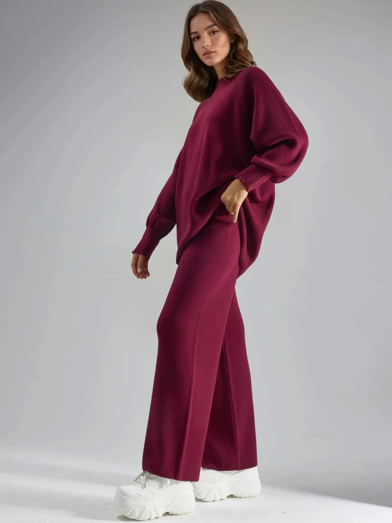 My Fashion Burgundy Red MY FASHION Loose Fit Sweater & Pants Knit Co-ord Set for Women | Best Price UAE